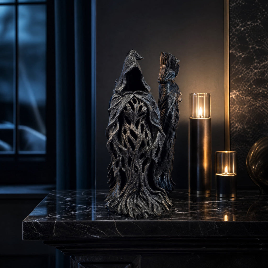 2026 New Halloween Mossy Tree Witch With Crow Light Up 7" Resin Figurine Rave Mantel Shelf Party Decorations