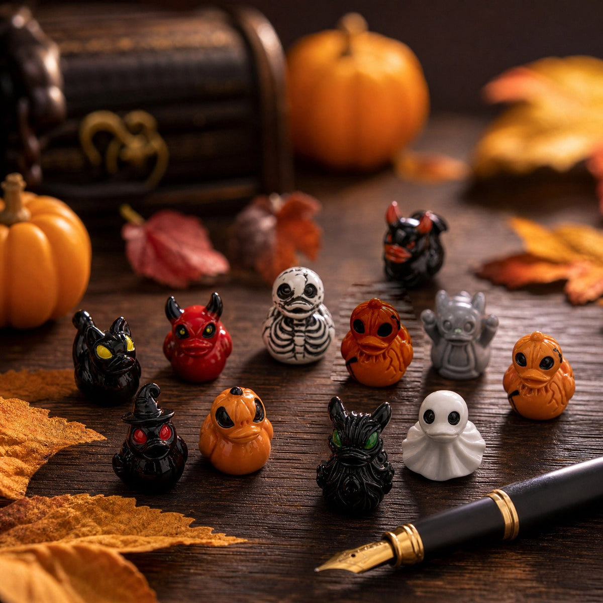 60 Pcs Halloween Plastic Mini Ducks,12 Styles of Ducks with Distinct Halloween Elements Skeleton Pumpkin Witch Devil Ghost Tiny Duck Figures for Favors Fillers Home Tabletop Decor