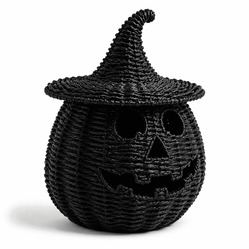 Halloween Woven Seagrass Pumpkin for Spooky Halloween Candy Storage and Home Decor, Black Handcrafted Witch Hat Woven Seagrass Lantern for LED Candy（B）