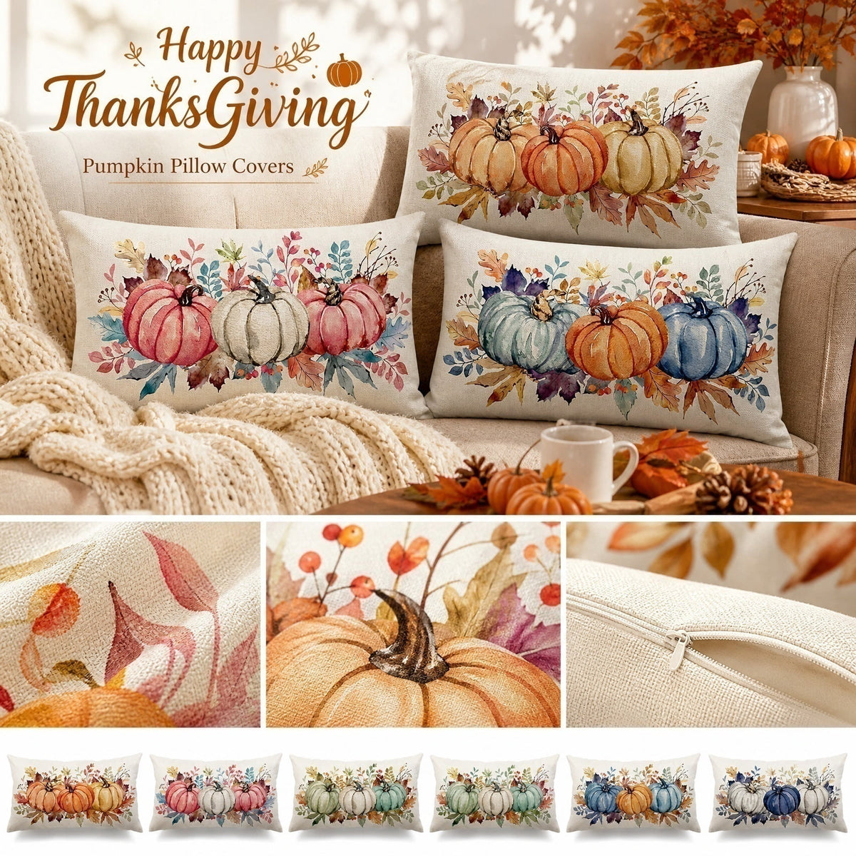 Fall Pumpkin Linen Pillow Cover, Thanksgiving Seasonal Decor Pillowcase, Farmhouse Style Great Housewarming Gift for Fall Home Decor