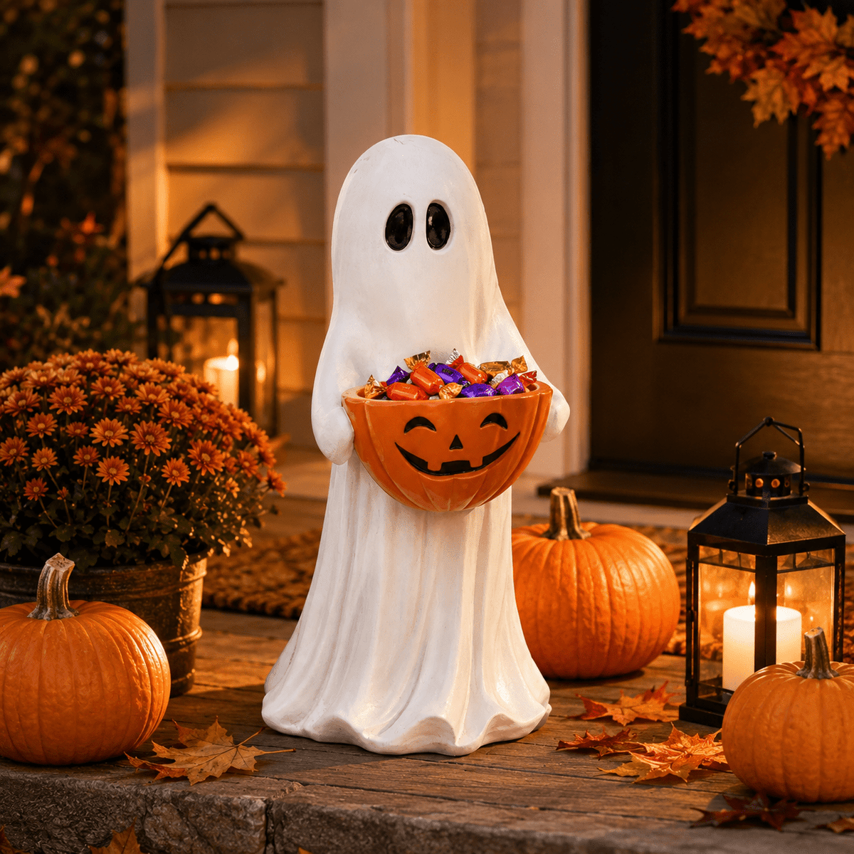 Clearance! Halloween Ghost Statue with Pumpkin Candy Bowl, 13.7 Inch Outdoor Ghost Figurine, Halloween Candy Holder Decoration for Porch Yard Patio Indoor Decor