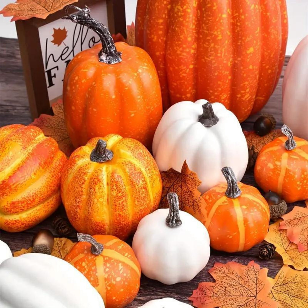 7Pcs Artificial Pumpkins Fall Decoration Assorted Faux Pumpkin Cute Foam Pumpkins for Home Outside Halloween Decorating (White)
