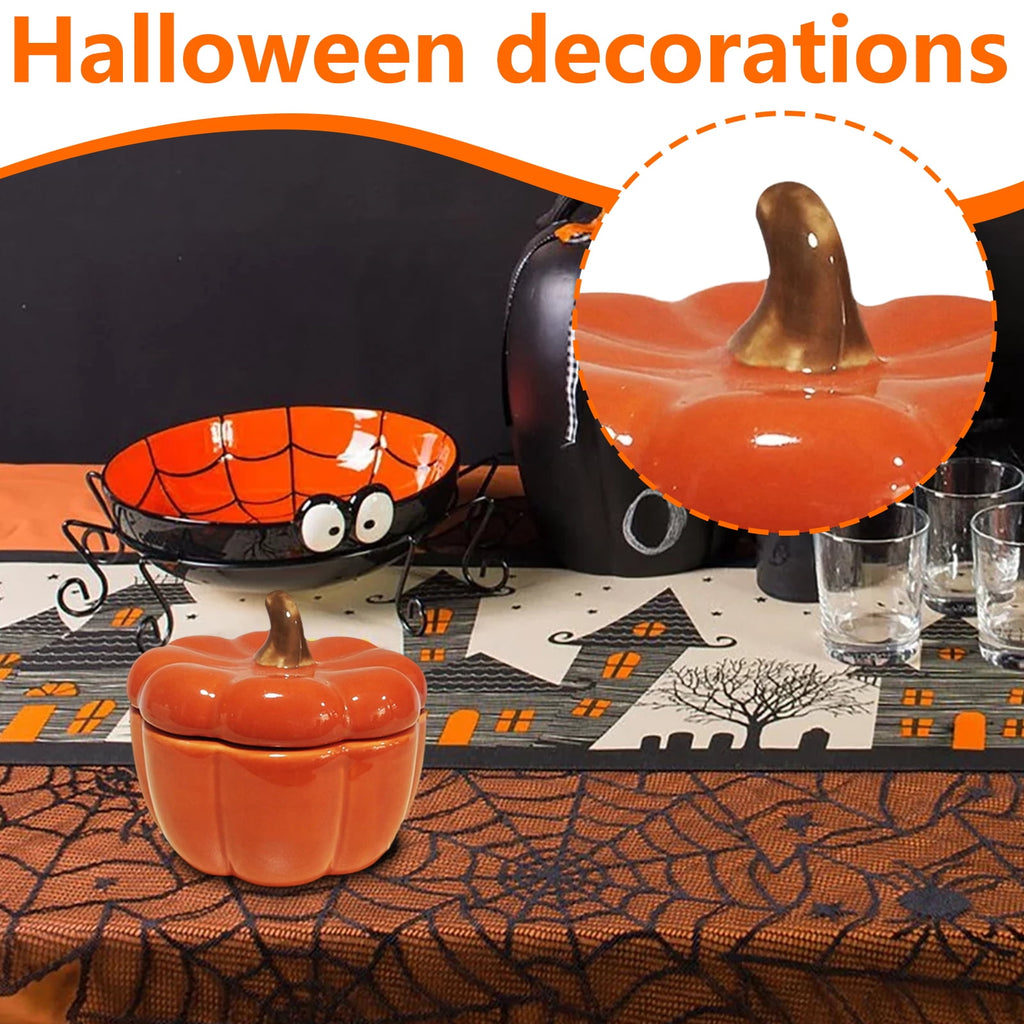 Halloween Pumpkin Ceramic Candle Bowl Decoration, Glazed Porcelain Pumpkin Shaped Tealight Holder for Tabletop Mantel Shelf Entryway Fall Accent Ornament for Cozy Home Styling and Warm Candle Glow