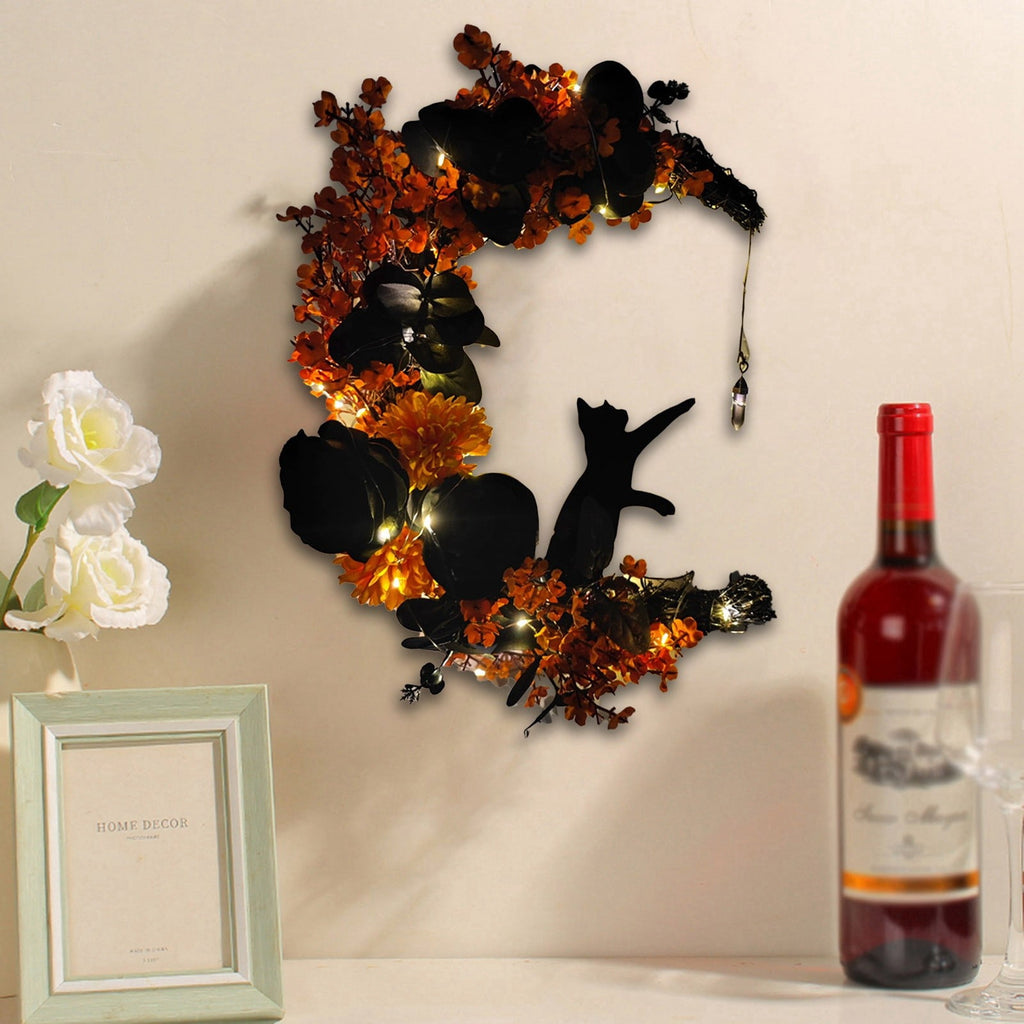Moon Cat Wreath With Flowers And Charming Door Decoration Halloween Moon Cat Home Decor Gift Halloween Party Decorations For Cat Lovers With Lights Halloween Decorations