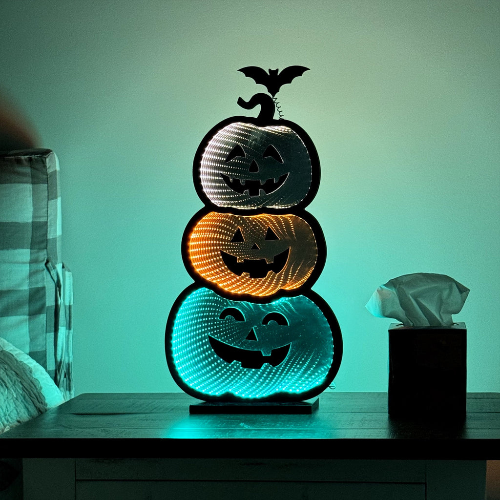 3 Stacked Pumpkins Infinity Mirror Light with Stand - LED Lighted Halloween Decoration - USB-Powered - 3D LED Infinity Light - Indoor Seasonal Decor for Tables or Windows - 11" x 21"