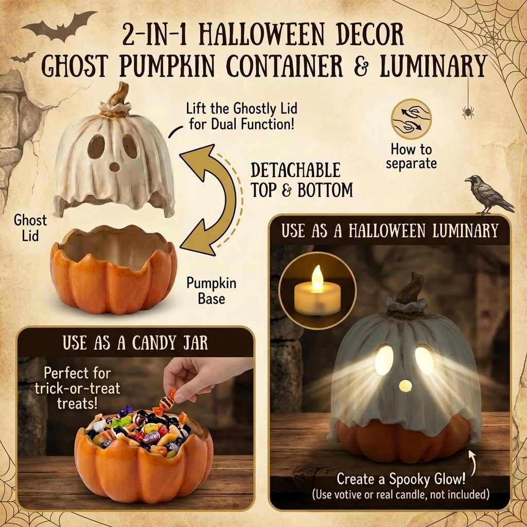 Halloween Ghost Candy Bowl Pumpkin Jack O' Lantern, 11.8 Inch Resin Ghost Figurine Pumpkin Candy Bowl, Outdoor Halloween Decorations for Front Porch, Trick or Treat Candy Bowl