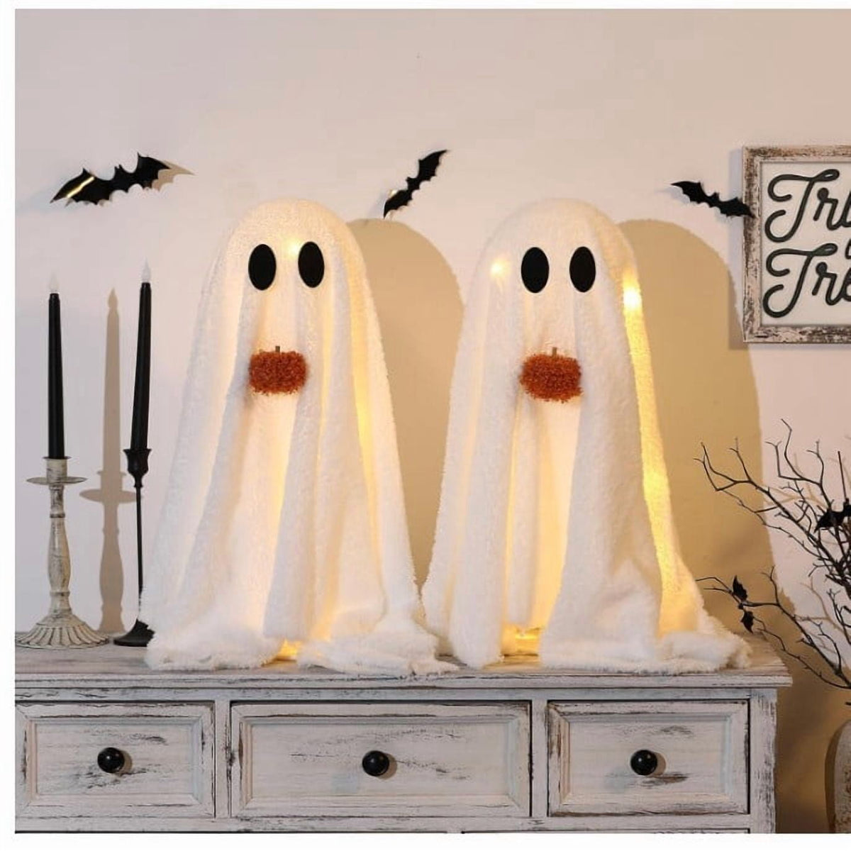 Light Up Plush Ghost with Pumpkin Ornament, Cute White Fabric Ghost Decoration with Warm LED Light, Halloween Luminous Farmhouse Tabletop Decor for Mantel, Shelf and Home Display