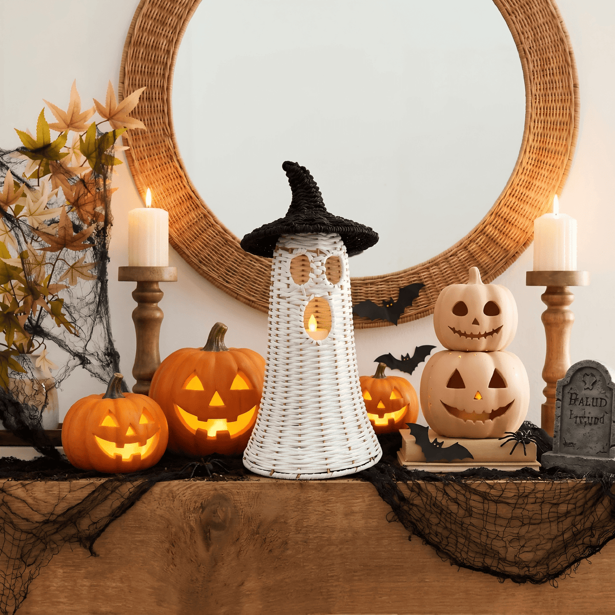 Guvpev 12" Handcrafted Woven Ghost - White Faux Rattan & Metal Ghost Figurine, Halloween Spooky Table Centerpiece & Fall Porch Decor for Indoor Outdoor
