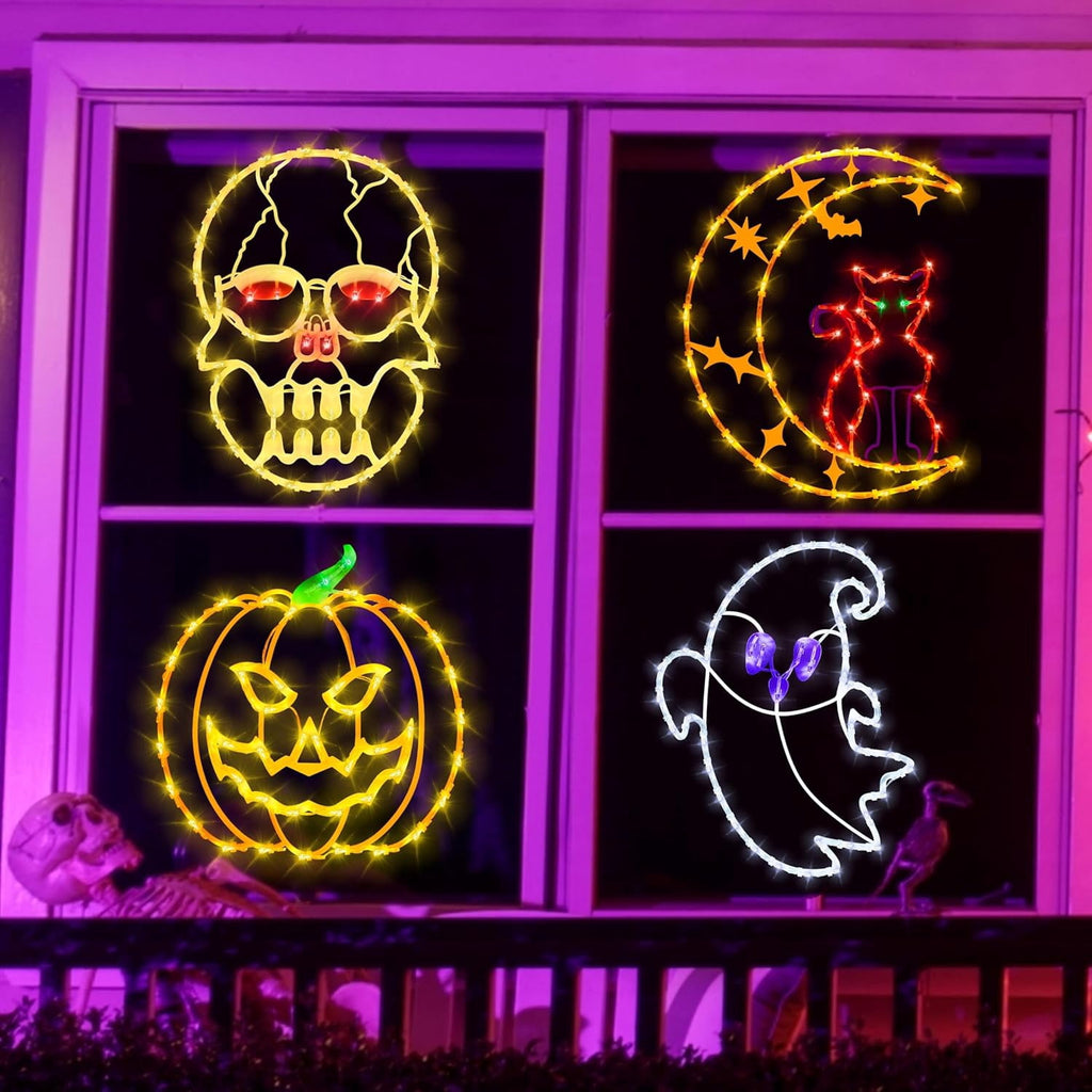 16" Halloween Window decorate Plug Light Ghost Cat on Moon Skull Head Pumpkin door decor-4 Pack Halloween Window lights
