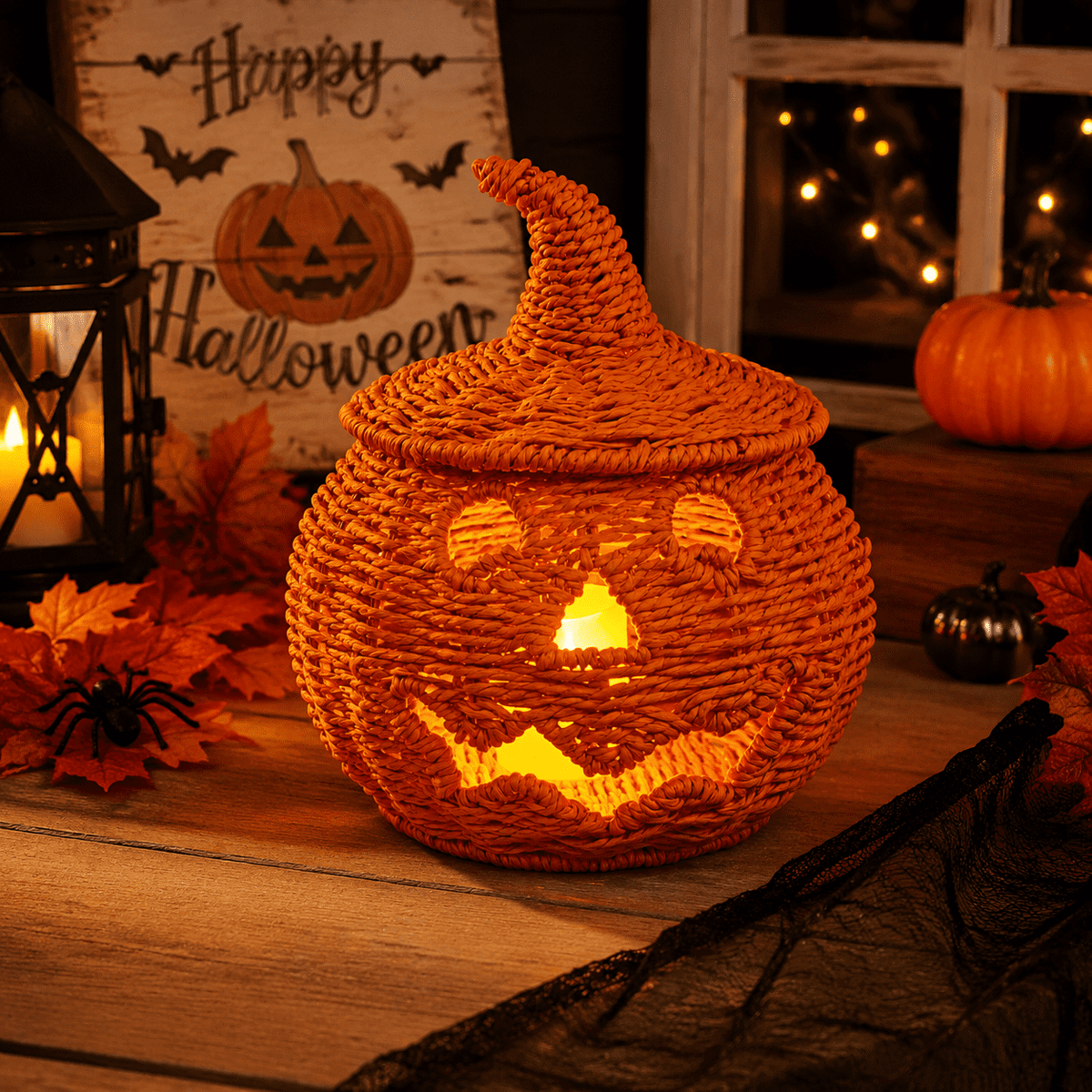 Handwoven Rattan Ghost Lantern with Witch Hat - 13.78 Inch White Wicker Ghost Decor, Light Up Halloween Decorations for Indoor Outdoor, Porch, Patio, Spooky Home Decor, Fall Harvest