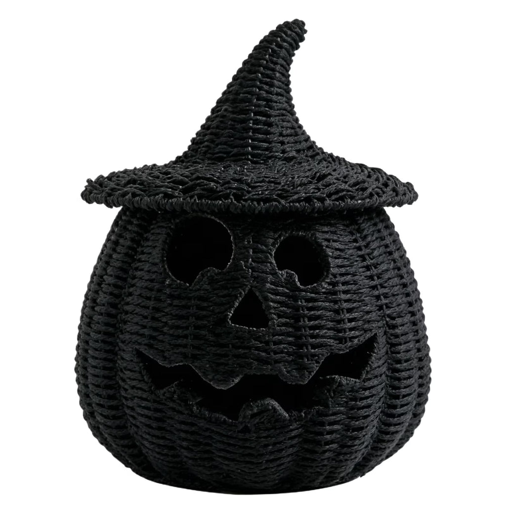 Black Woven Pumpkin Basket with Witch Hat Cover Lid, 11" Halloween Jack-O-Lantern Woven Container, Handcrafted Rattan Pumpkin Tabletop Centerpiece for Home Office Halloween Party Table