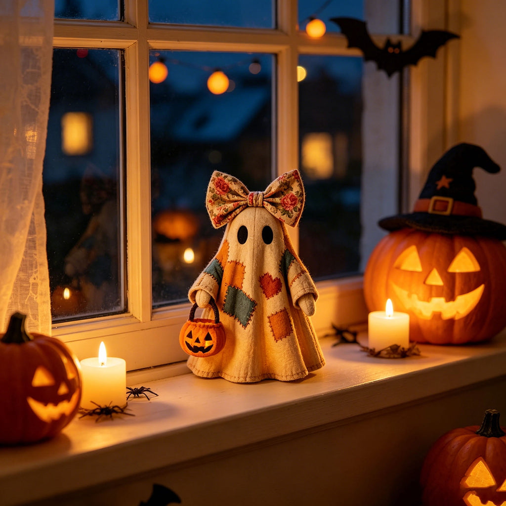 Win s Way Lighted Vintage Patchwork Ghost Decor Glowing Ghost Figurine with Pumpkin Lantern Farmhouse Style Light Up Statue for Mantel Shelf Entryway Table Fall Decorations