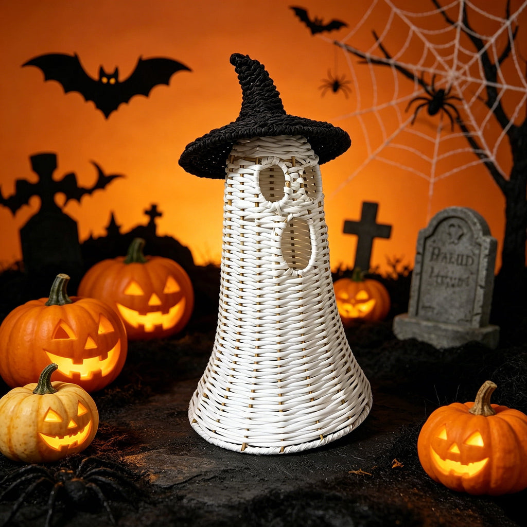 Guvpev 12" Handcrafted Woven Ghost - White Faux Rattan & Metal Ghost Figurine, Halloween Spooky Table Centerpiece & Fall Porch Decor for Indoor Outdoor