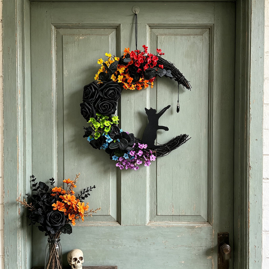 Circlecity Halloween Black Cat Wreath, 14.9" Colorful Crescent Moon Wreath with Artificial Flowers, Gothic Front Door Decor