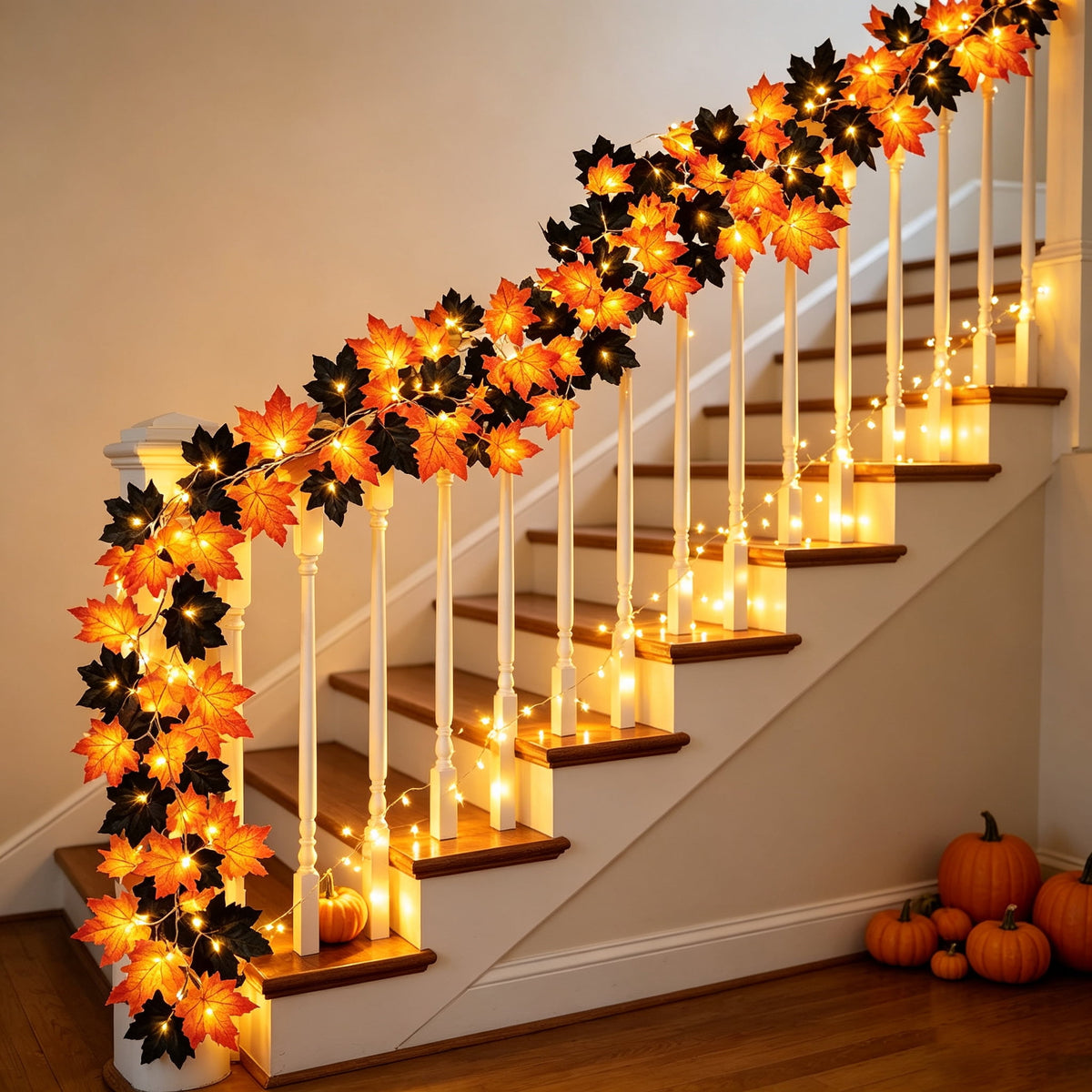 Halloween Black Garland with LED Lights 70.87 Inch Gothic Foliage for Mantel Stair Halloween Party Home Indoor Decor