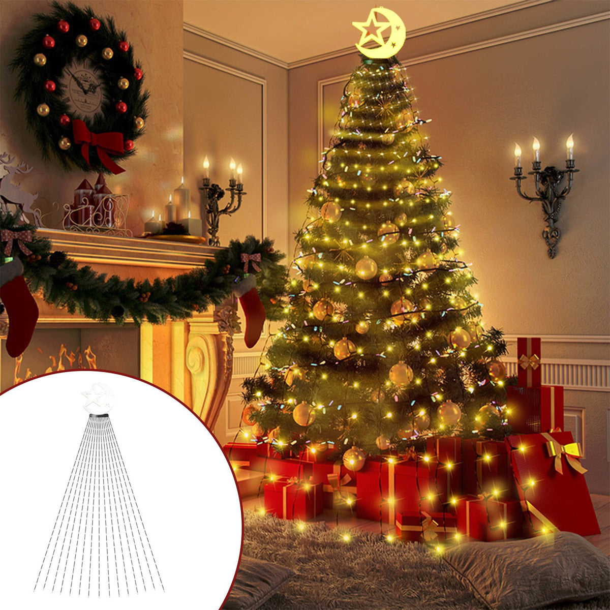 AYktou Christmas Tree Lights 6.56ft 16 Lines LED Waterfall Lights Waterproof Xmas Tree Topper Lights with Remote and USB Powered Christmas Lights for Halloween Xmas Year Holiday,Colorful