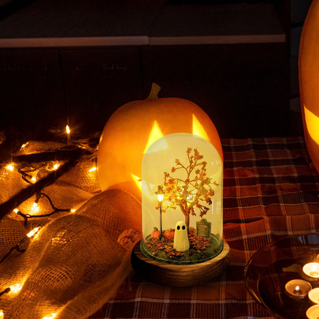 Halloween Ghost Figurine, Resin Lighted Ghost Ornament with Pumpkin Lantern & Beverage Cup, Tabletop Halloween Indoor Decor