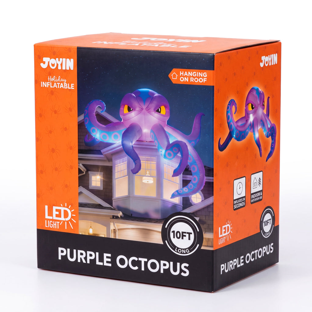 Joyfy 4 FT Halloween Inflatable Purple Octupos Head with Tentacles Broke Out from Window with Built-in LED Blow Up Inflatable for Window Decoration Yard Garden Lawn Decor