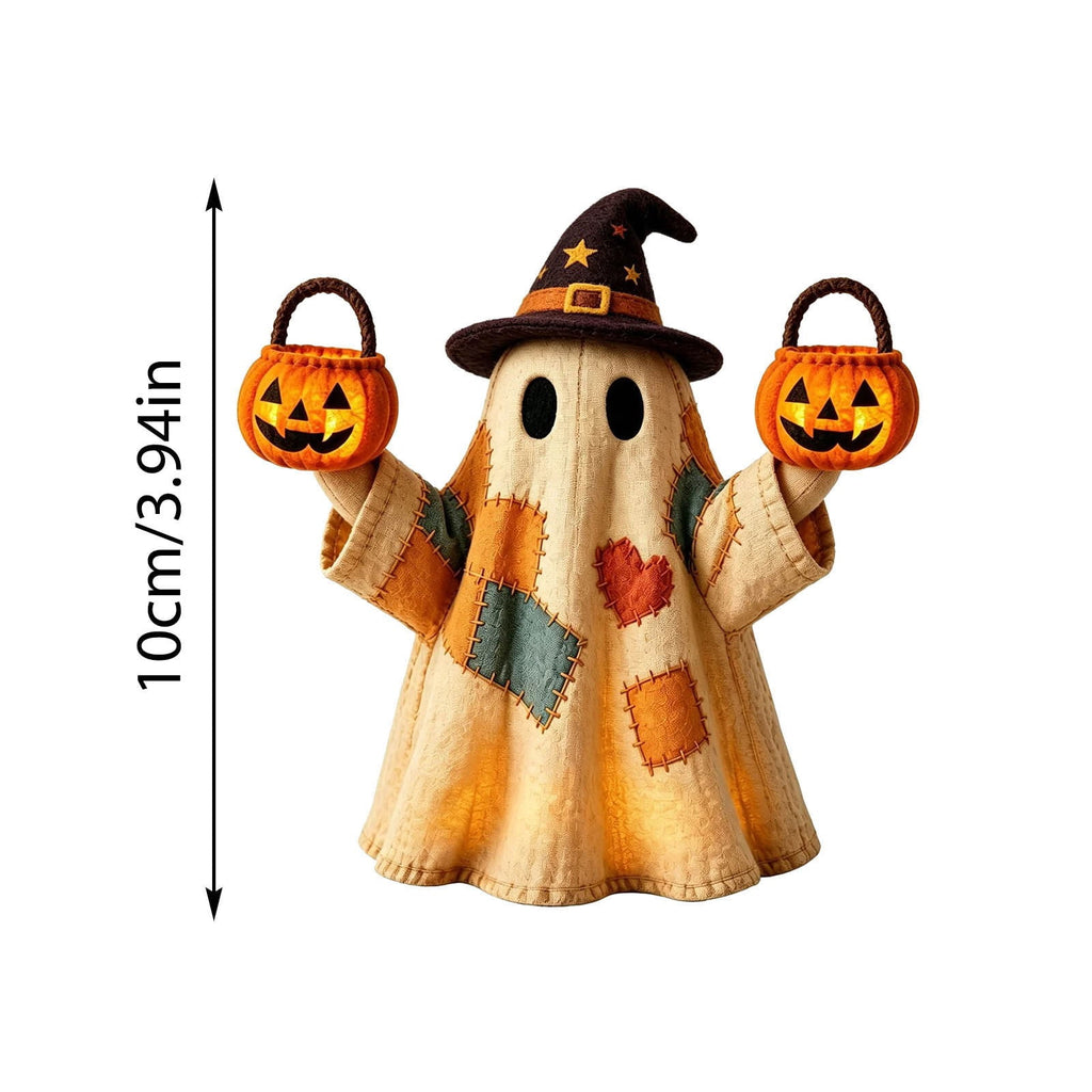 Halloween Ghost Figurine, Resin Lighted Ghost Ornament with Pumpkin Lantern & Beverage Cup, Tabletop Halloween Indoor Decor