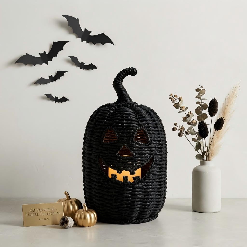 Dark Seagrass Pumpkin Halloween Decoration, 11.8" Handcrafted Woven Pumpkin Jack-o'-lantern, Halloween Decorative Lantern for Indoor Home Party