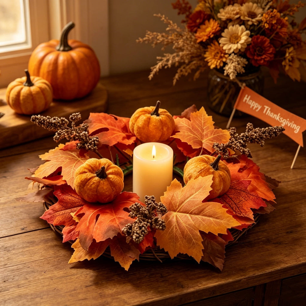 Fall Maple Leaf Front Door Wreath, Multicolor Plastic Seasonal Wreath for Halloween Thanksgiving Christmas Indoor Wall Fireplace Home Decor, 9.84 Inch