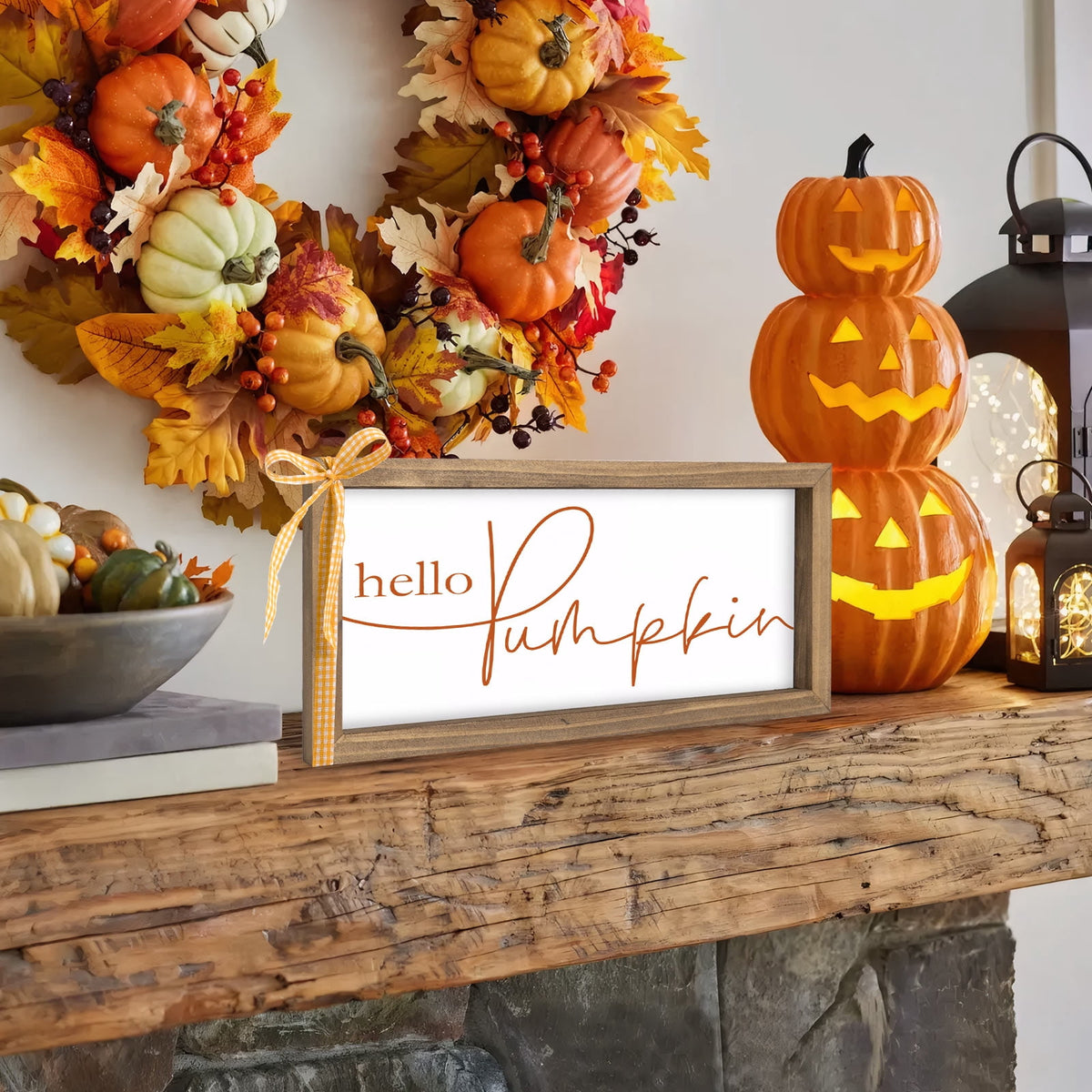 11.8×6 Inch Hello Pumpkin Sign, White Wooden Fall Decorations for Home Farmhouse, Autumn Decor Indoor Table Wall Shelf Desk Mantle Office Rustic Thanksgiving Harvest Decorative Signage