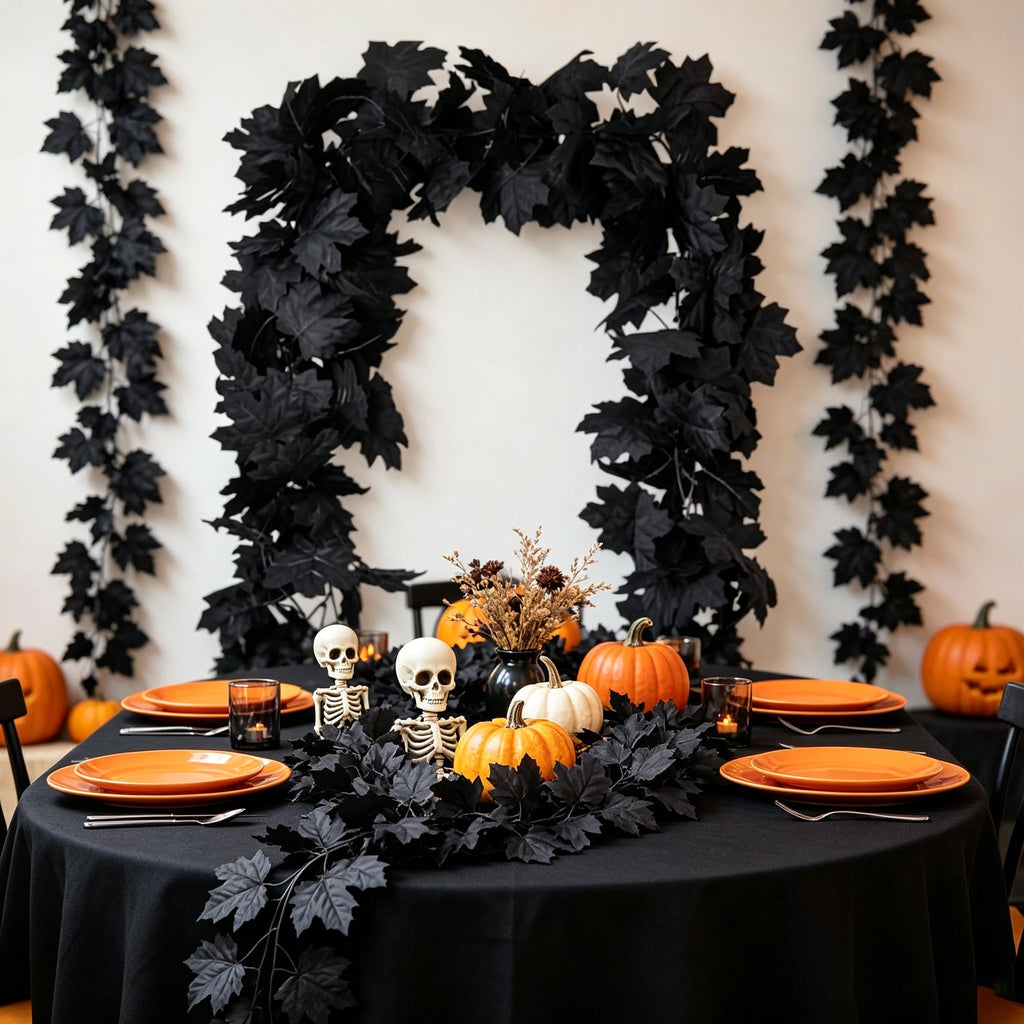 Halloween Black Garland with LED Lights 70.87 Inch Gothic Foliage for Mantel Stair Halloween Party Home Indoor Decor