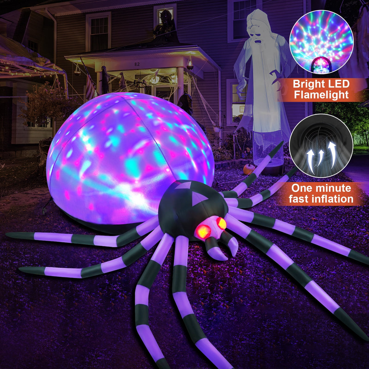 Yexmas 8FT Halloween Inflatables Outdoor Decorations Giant Spider Decorations with LED Lights and Air Pump Blow up Inflatable, Purple