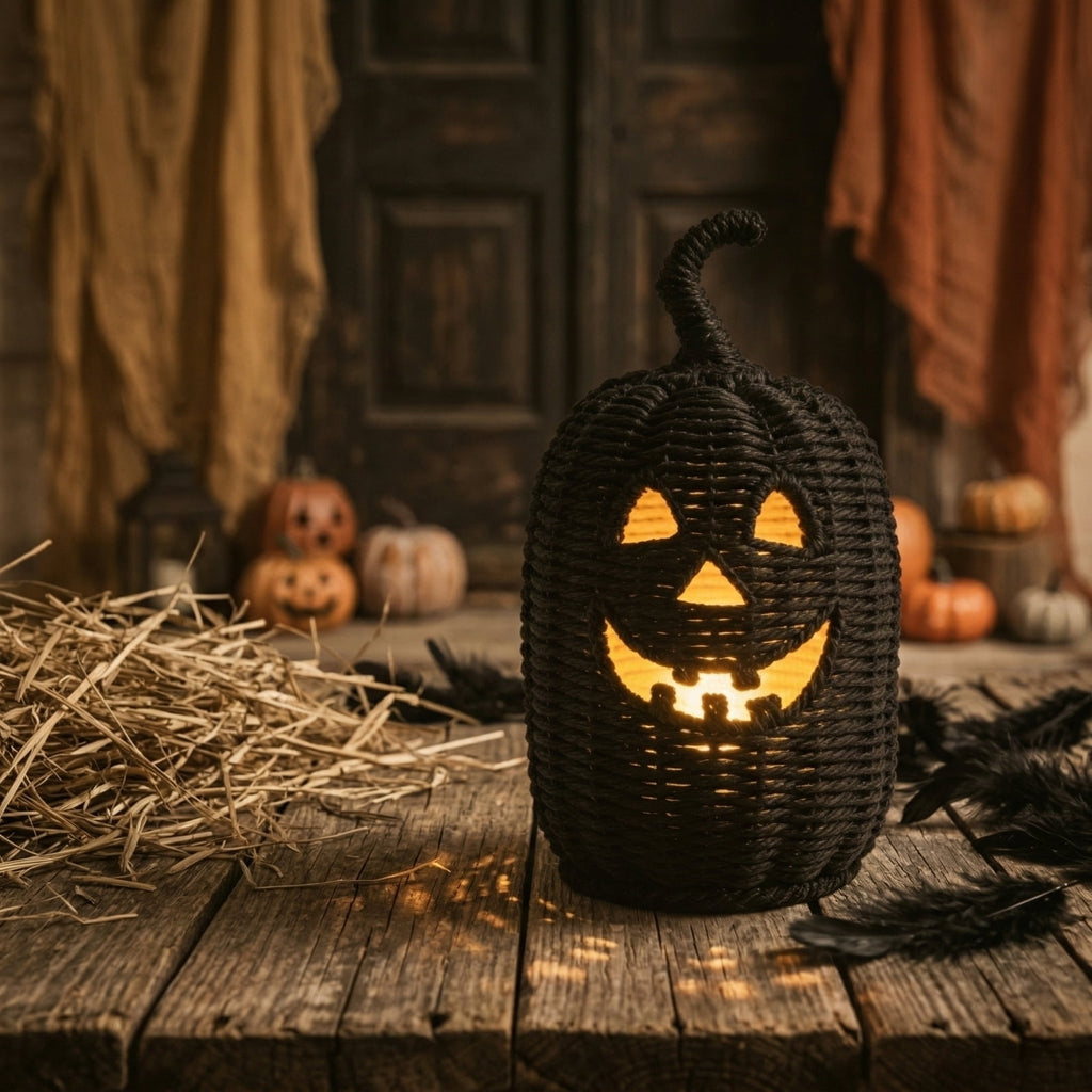 Halloween Decoration Faux Jack O Lantern Basket Seagrass Pumpkin Ornament Festive Tabletop Display Holiday Accents Home Party Supplies Autumn Harvest Seasonal Accenting Props