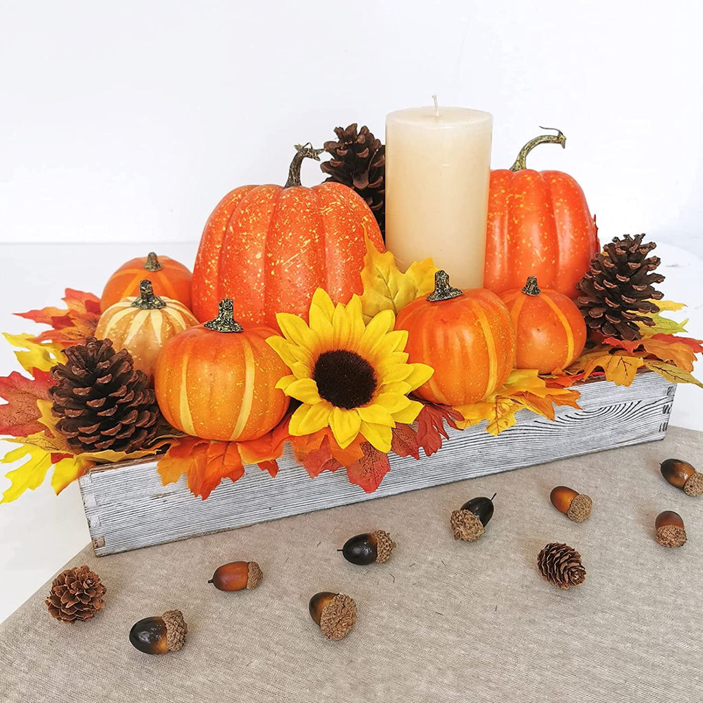 Foraging dimple 7 Pcs Assorted Harvest Orange Artificial Pumpkins Decorative Pumpkins Foam Pumpkins with Gold Stems for Fall Harvest Autumn Home Wedding Thanksgiving Halloween Party