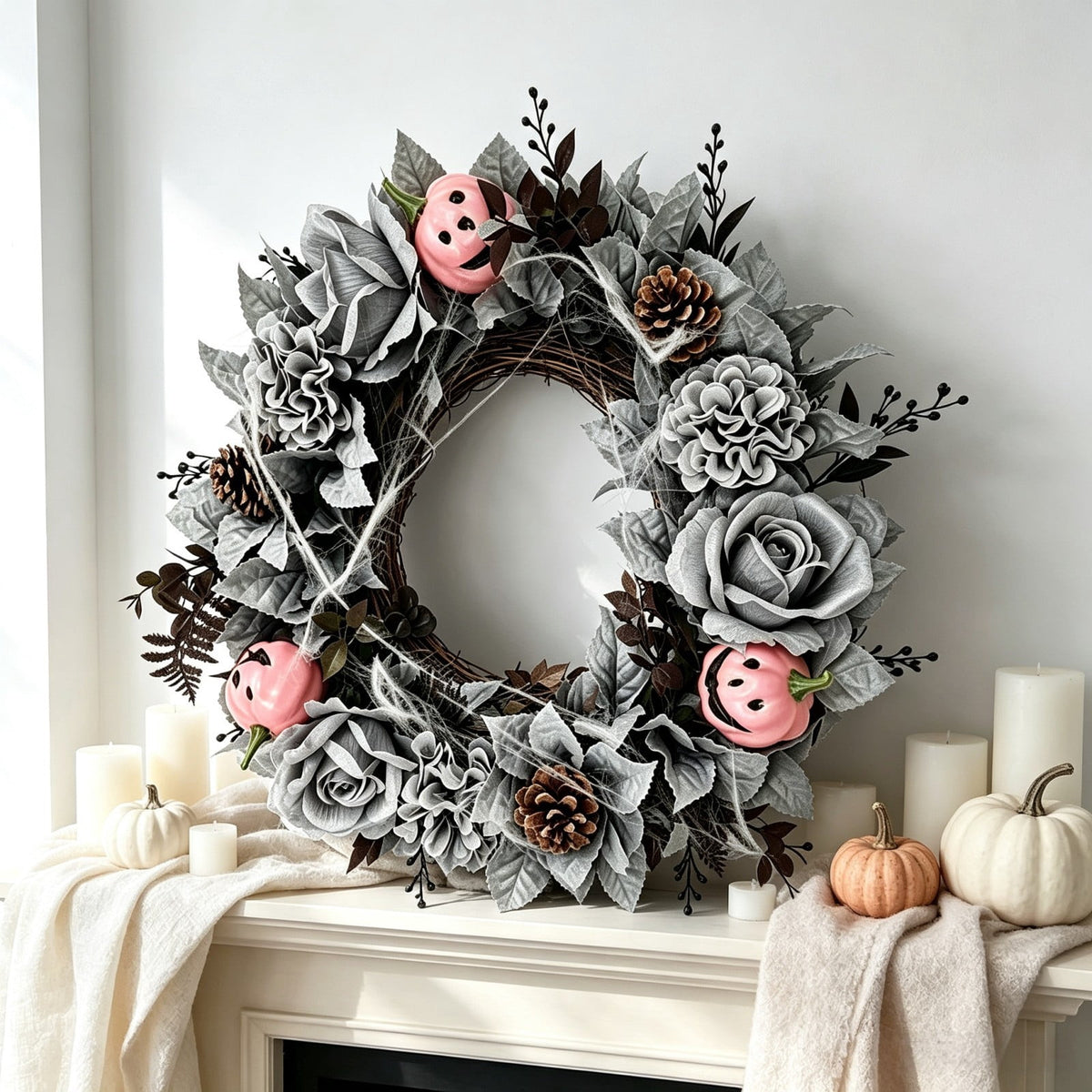 Fall Candle Ring,Artificial Maple Leaves Pumpkins Decorative Wreaths,Berry Wreath for Pillar Candle Holder,Candle Ring for Halloween Centerpieces and Farmhouse Table Decor,7.48 inch(Pink)