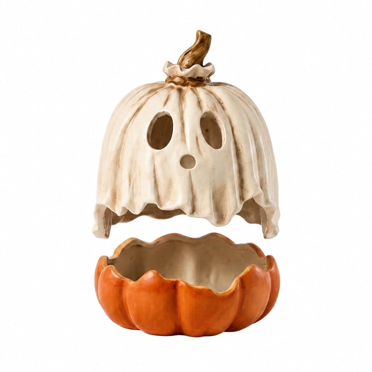 Clearance Detachable Pumpkin Ghost Candy Bowl, 11.8 Inch Halloween Pumpkin Container with Removable Ghost Mask Lid, Spooky Tabletop Decor for Halloween Party Supplies