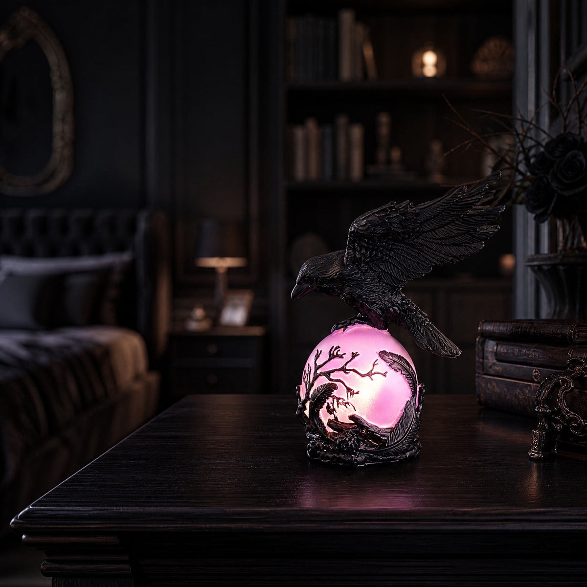 Gothic Mysterious Raven Lamp Light Sculpture, Resin Halloween Moonlight Luminous Crow Bird Led for Home Decor Gift, Bedroom Bedside, Living Room