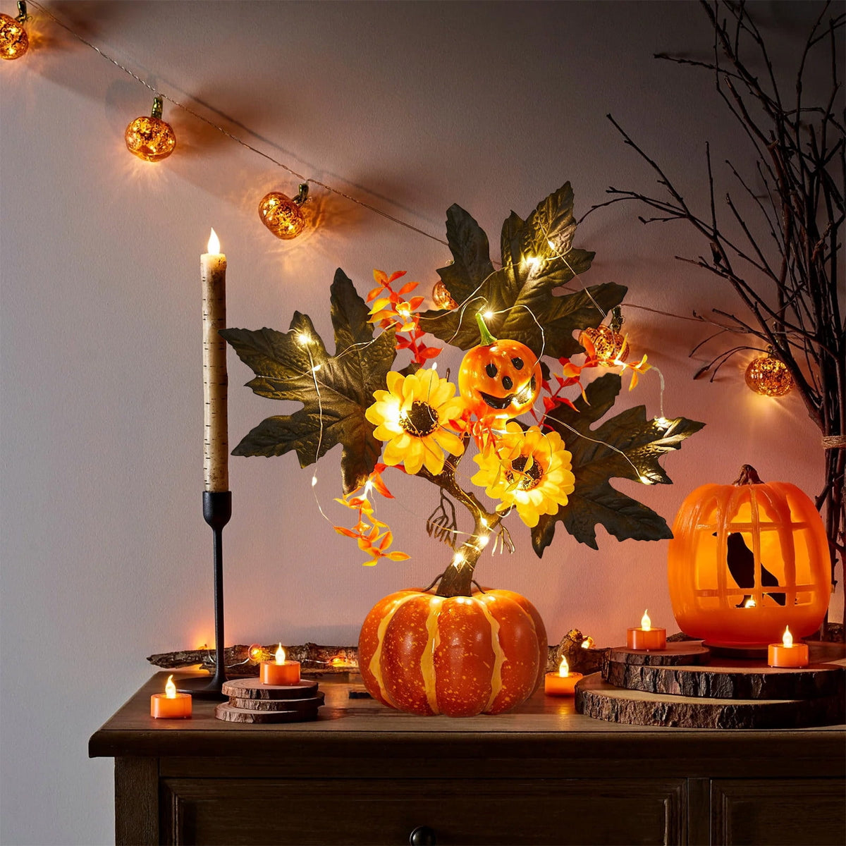 YSGFHGJW Halloween Thanksgiving Artificial Pumpkin Tree Decoration, Light Up with LED Lights, Fall Decor for Dining Table Living Room Porch