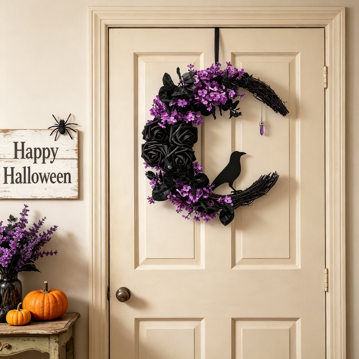 Halloween Black Cat Wreath, 14.9 in Purple and Black Crescent Wreath with Artificial Flowers and Crystal Pendant, Gothic Front Door Decor