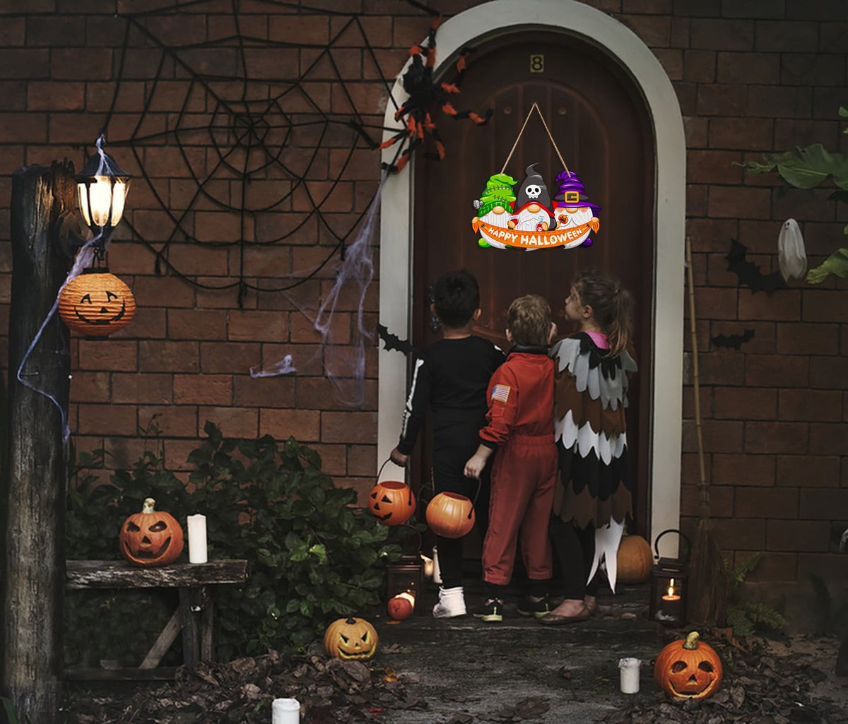 WaaHome Halloween Door Decorations for Front Door Happy Halloween Door Signs Halloween Decor Sign Halloween Gnome Wreaths Sign for Front Door Home Porch Wall Indoor Outdoor Halloween Party Decorations