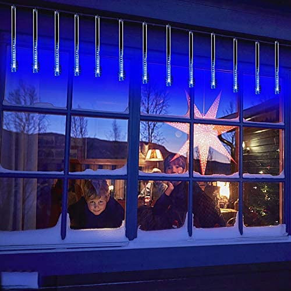 Morttic Meteor Shower Lights, Outdoor Falling Rain Lights 12 inch 8 Tube 192 LED Snow Falling Icicle Cascading Lights for Xmas Tree Halloween Decoration Wedding Party, Blue