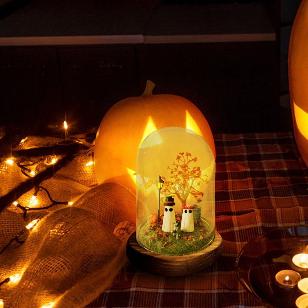 Halloween Ghost Figurine, Resin Lighted Ghost Ornament with Pumpkin Lantern & Beverage Cup, Tabletop Halloween Indoor Decor