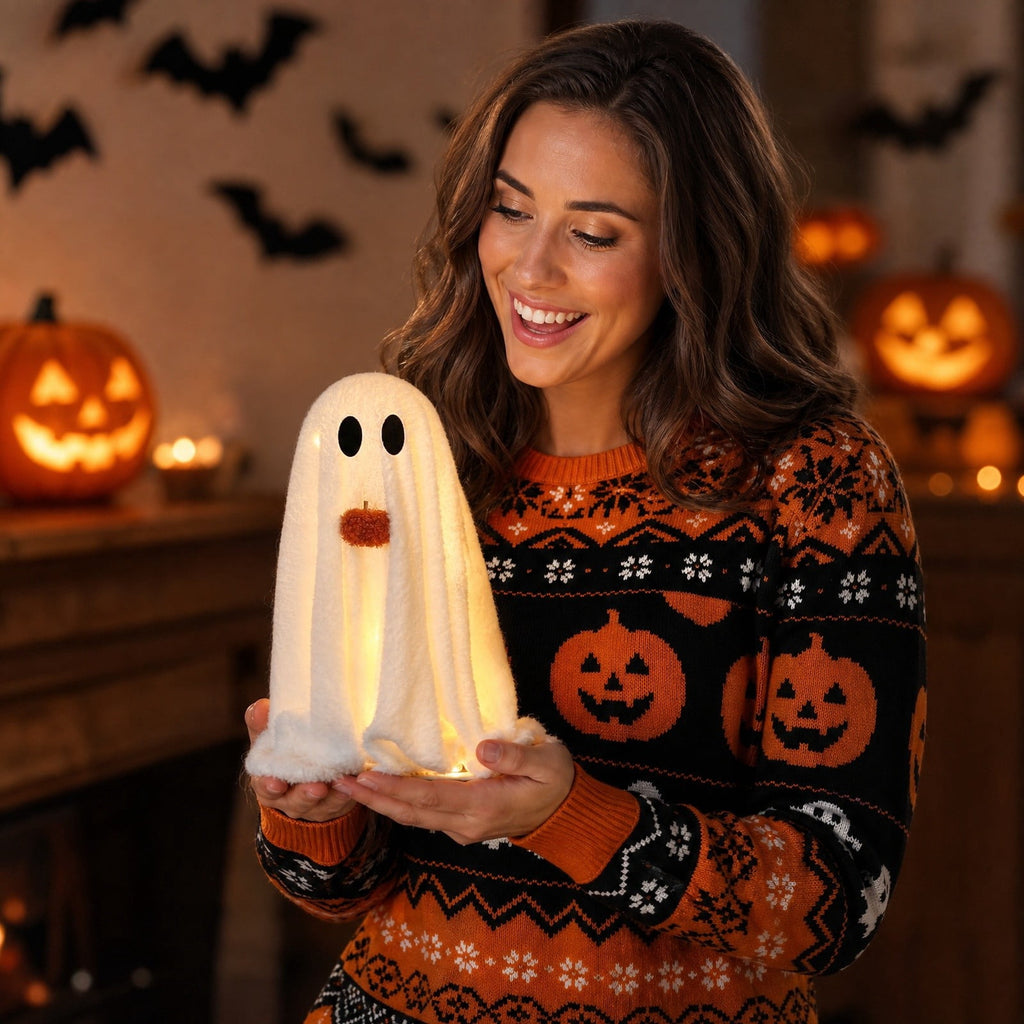 Light Up Plush Ghost with Pumpkin Ornament, Cute White Fabric Ghost Decoration with Warm LED Light, Halloween Luminous Farmhouse Tabletop Decor for Mantel, Shelf and Home Display