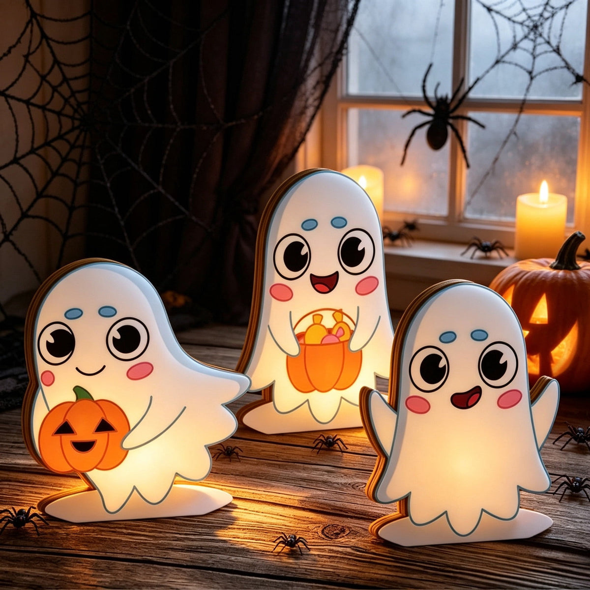 Halloween Ghost Figurine, Resin Lighted Ghost Ornament with Pumpkin Lantern & Beverage Cup, Tabletop Halloween Indoor Decor