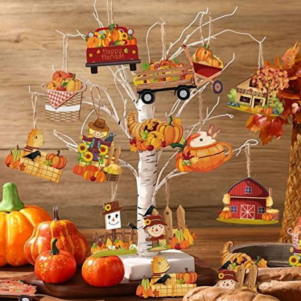 48 Piece Fall Wooden Tree Ornaments Pumpkin Scarecrow Thanksgiving Maple Leaf Decorations
