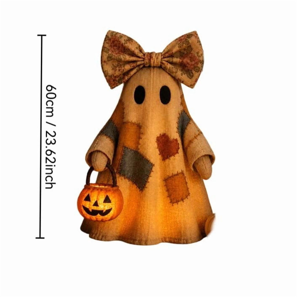 Vintage Patchwork Ghost Figurine, Cute Resin Halloween Ghost Statue with Floral Bow and Pumpkin Basket, Retro Fall Tabletop Mantel Shelf Entryway Porch Decor for Halloween Thanksgiving Home Party
