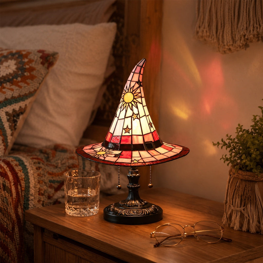 Guodhu Witch Hat Table Lamp Halloween Glowing Resin Ornament Mini Night Light for Bedroom Shelf Spooky Decor with LED(Multicolor)