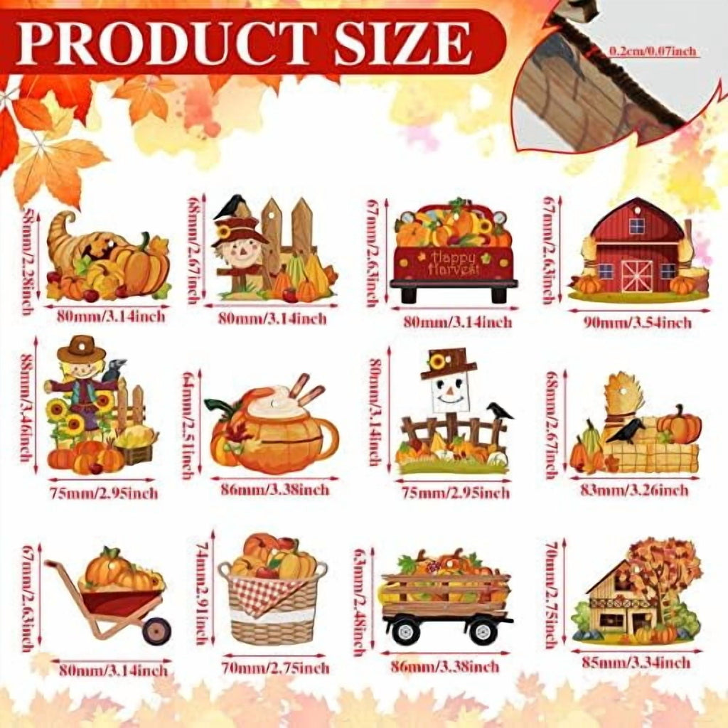 48 Piece Fall Wooden Tree Ornaments Pumpkin Scarecrow Thanksgiving Maple Leaf Decorations
