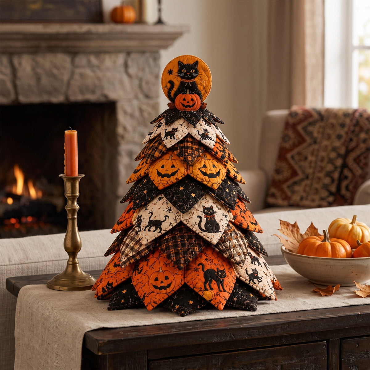 Halloween Fabric Trees - 11.8" DIY Halloween Quilted Fabric Tree Kit, Black Cat Pumpkin Witch Design, Sewing Patchwork Ghost Trees Holiday Table Mantel Decor, Handmade Gift for Craft Lovers