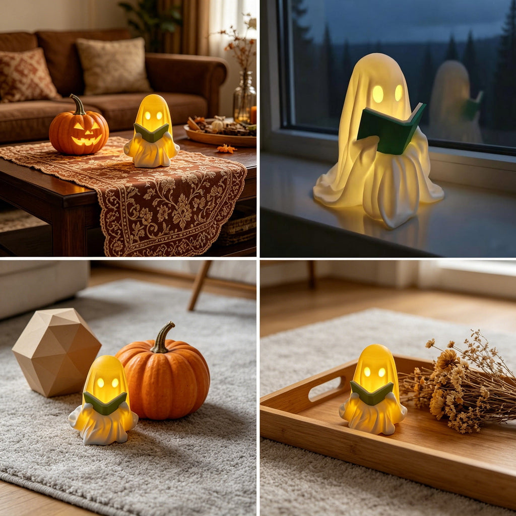 Halloween Ghost Figurine, Resin Lighted Ghost Ornament with Pumpkin Lantern & Beverage Cup, Tabletop Halloween Indoor Decor
