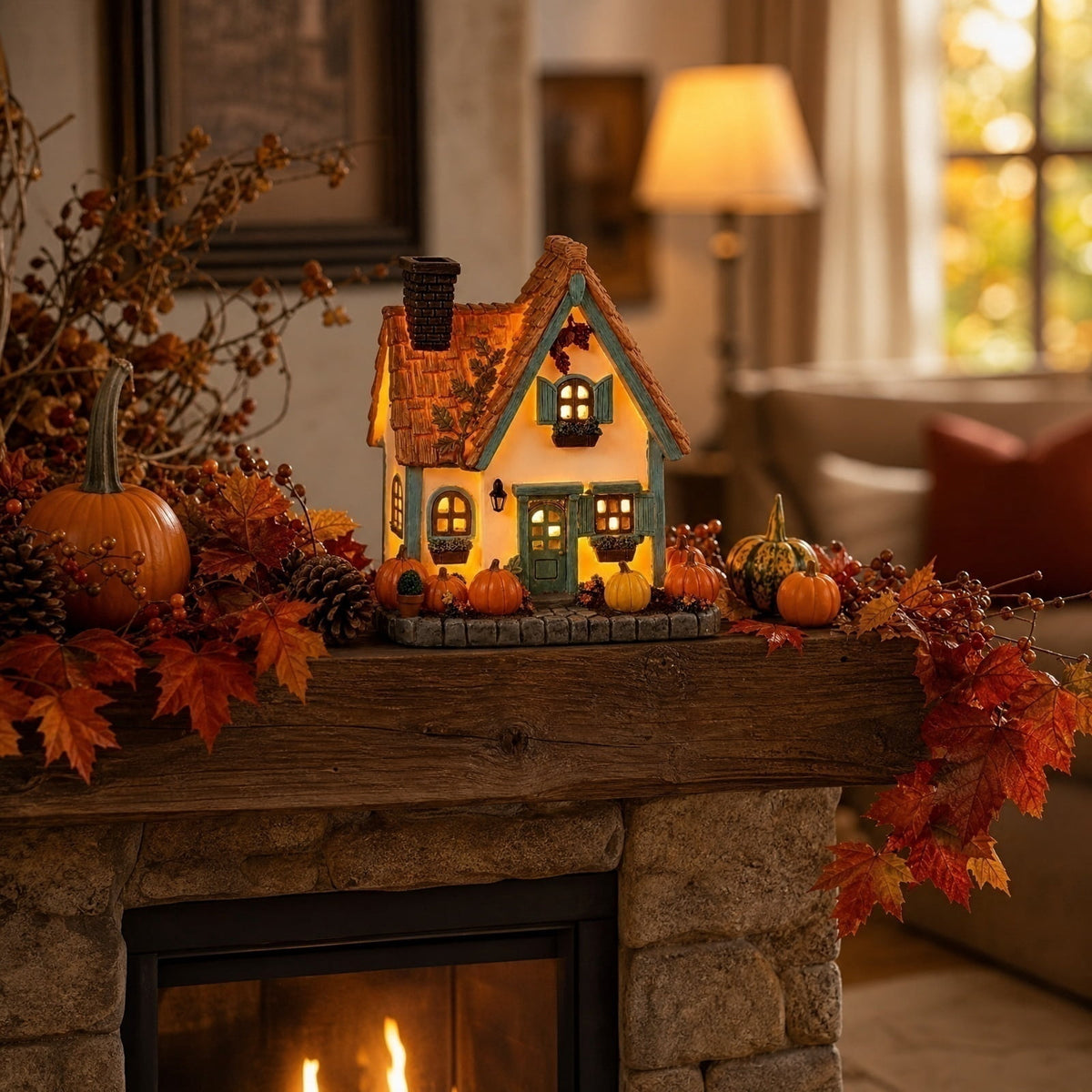 Yashow Orange Resin Halloween Pumpkin Cottage Ambient Light American Country Harvest Miniature House Decoration for Autumn Home Table Centerpiece, 7.09inch, 1-Pack
