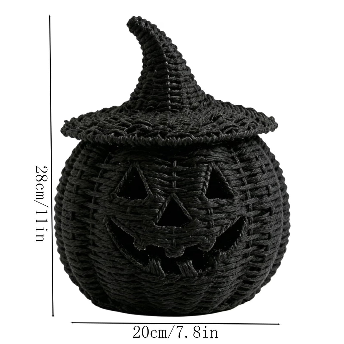 Handwoven Rattan Pumpkin Lantern with Lid, 11" Halloween Light Up Woven Pumpkin Decor, Rustic Black Wicker Pumpkin Decoration for Indoor Home Mantle Tabletop Decor(B)