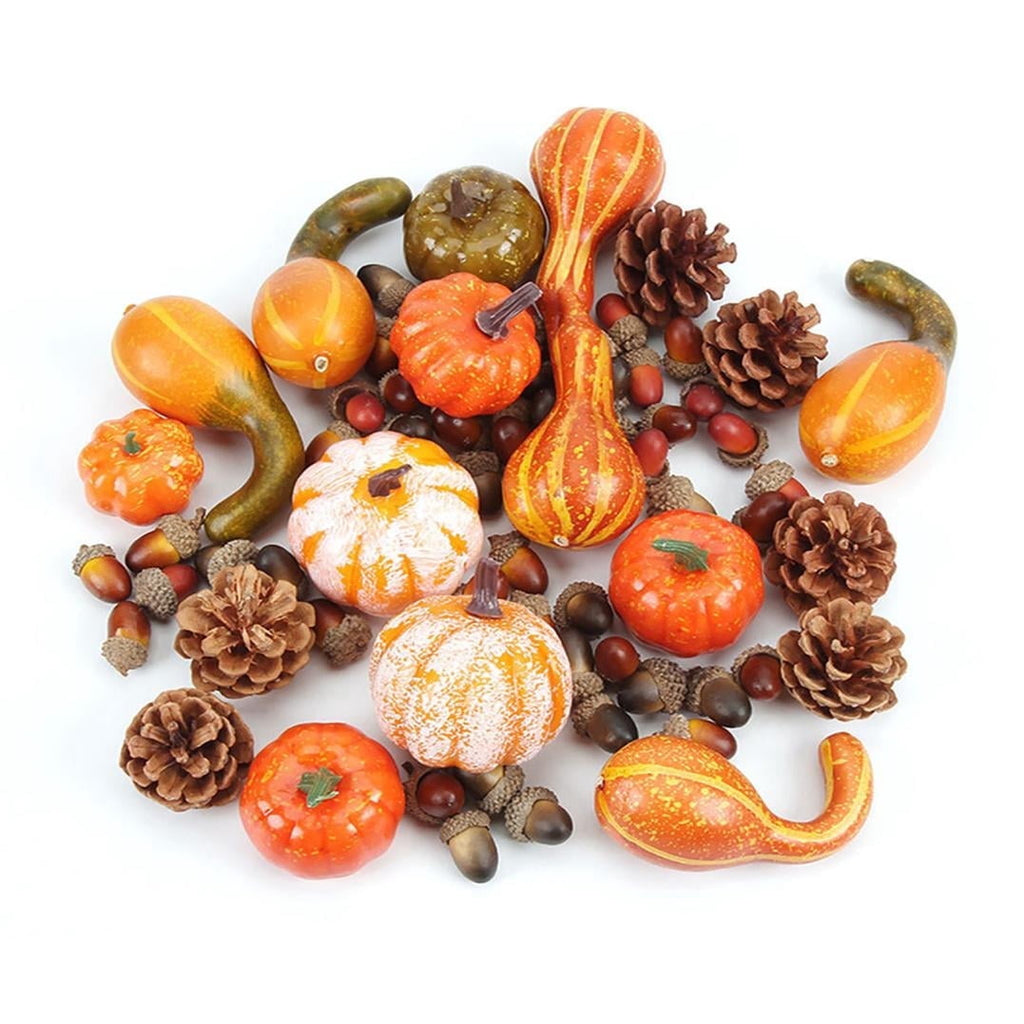 70pcs Fall Pumpkins Decor Set, Mini Artificial Gourd Fall Leaves Acorns Pinecones Decorations for Home, Fall Centerpieces for Tables, Thanksgiving Bowl Filler, Harvest Farmhouse Table Tiered Tray Set