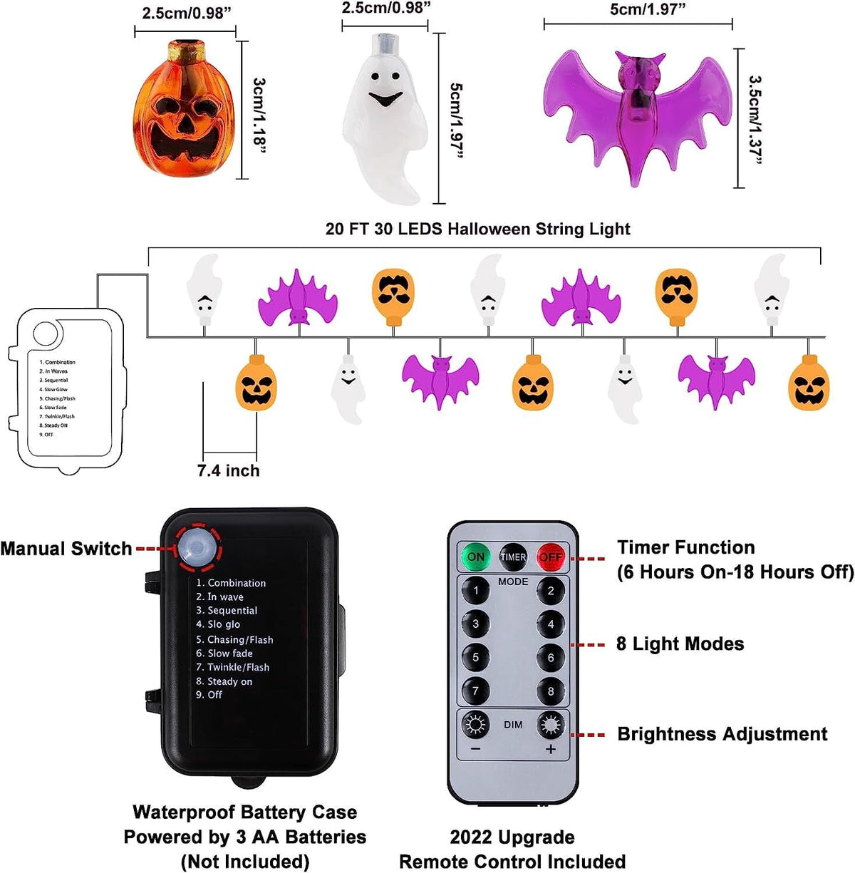 Halloween String Lights Battery Operated 20 Feet 30 LED 3D Pumpkin Bat Ghost Lights with Timer - 8 Light Modes Halloween Decorations Lights for Party Patio Indoor Outdoor (Upgrade)